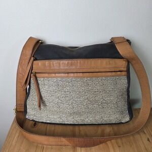 Fossil Canvas Leather Crossbody Messenger Bag Black Tan Adjustable Strap Unisex